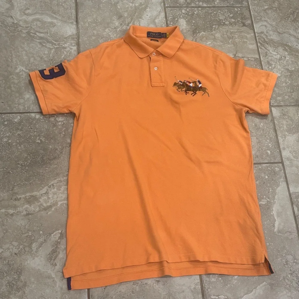Polo Ralph Lauren Mens Large Orange Classic Fit Multi Horse Polo Shirt Navy 3